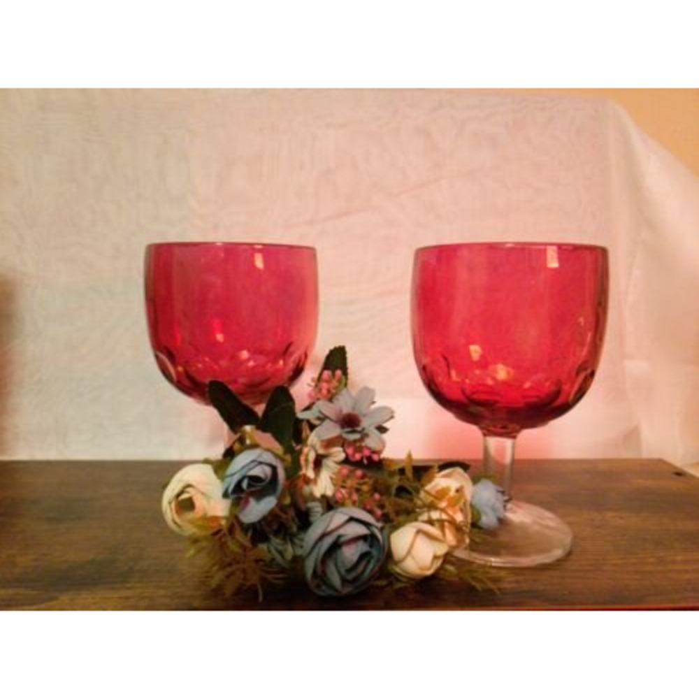Vintage  Bartlett Collins Cranberry Ruby Red Flash Water Glass Goblet Clear Stem